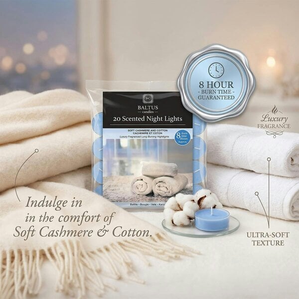 Baltus Soft Cashmere & Cotton Scented Tealight Candles, Pack of 20, Up to 8 Hour Burn Time