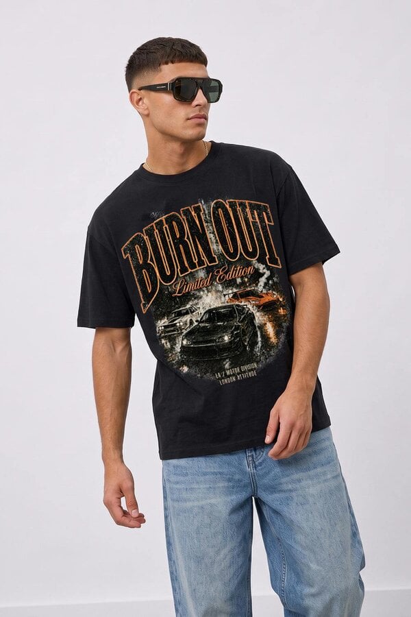 London Attitude Burn Out Limited Edition Oversized Heavyweight Graphic T-Shirt - Black