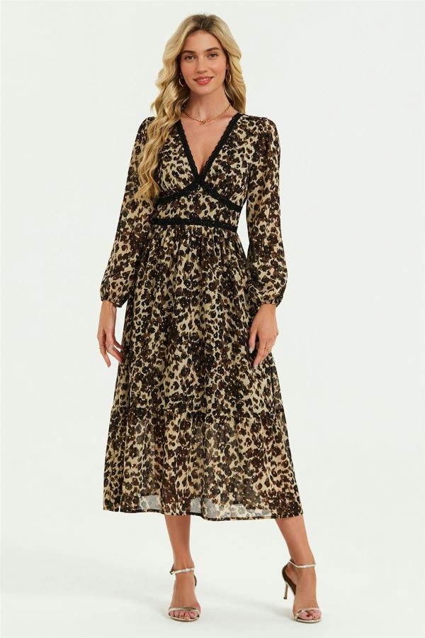 FS Collection Leopard Print Foil Lace Trim Long Sleeve Maxi Dress In Brown