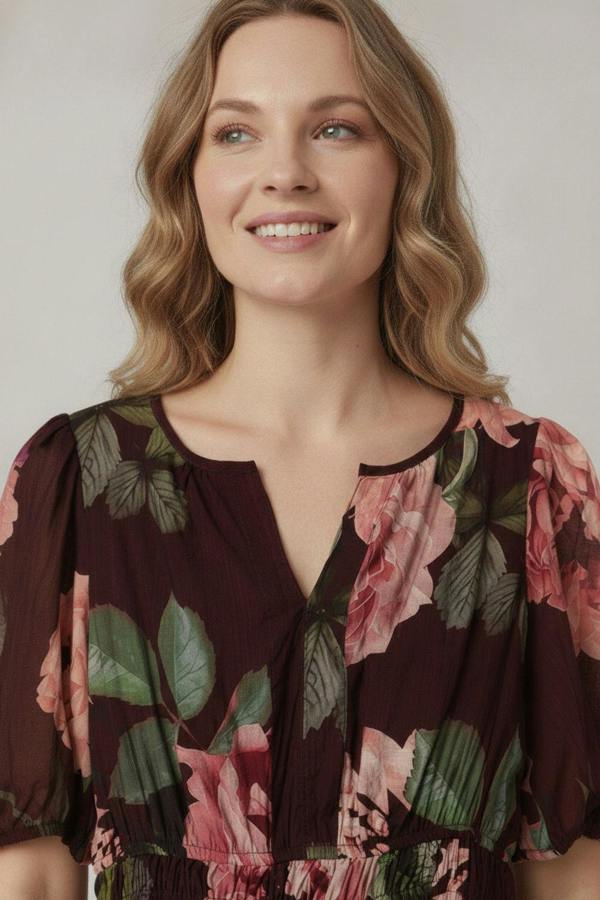 Izabel London Floral Layer 1/2 Puff Sleeve Maxi Dress