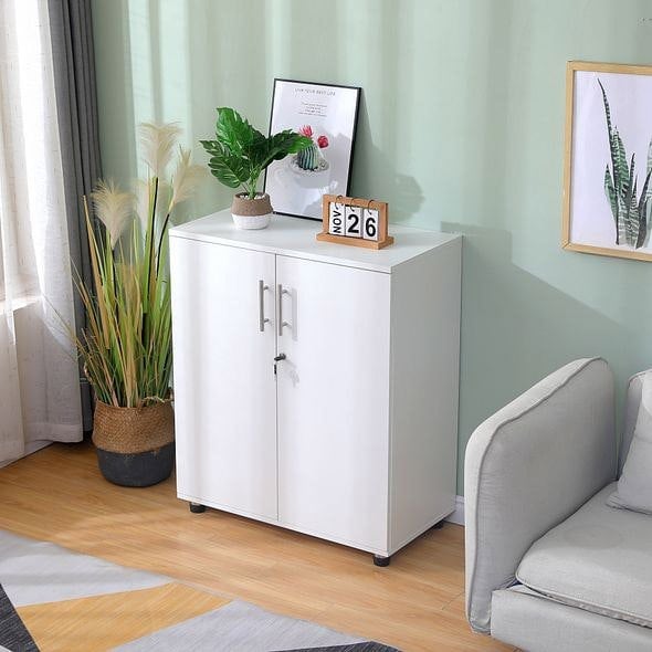 MMT Furniture Designs Storage Cabinet White Wooden Cupboard Filing Cabinet with 2 Shelves - 2 Door Lockable Cupboard