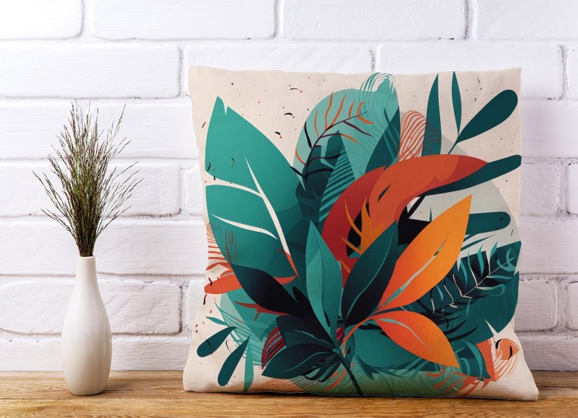 Warren Reed Green Orange Tropical Leaves Cushions