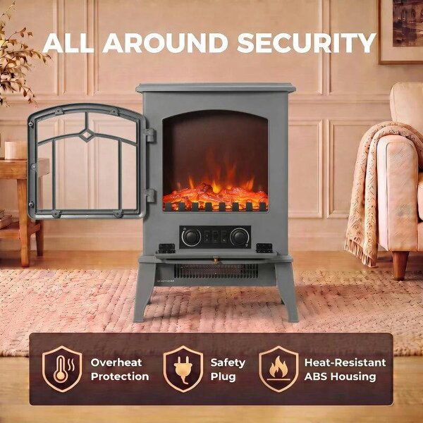 Electric Fireplace Stove, 1000W/2000W, Electric Fire Heater with LED Flame Effect, Adjustable Thermostat, Grey