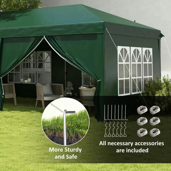 Dark green gazebo with curtained entry and windowed wall panel, accessories shown