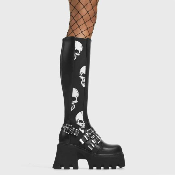 Lamoda Mayhem Women Knee High Black PU Boots Skull Detail Fashion Statement