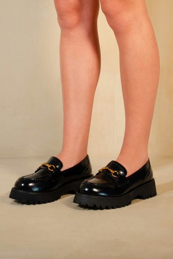 Where's That From Muriel Chunky Sole Slip on Loafers With Metal Detail in Black Patent