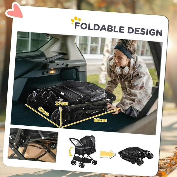 Foldable black pet stroller design card with storage compartment and travel setup