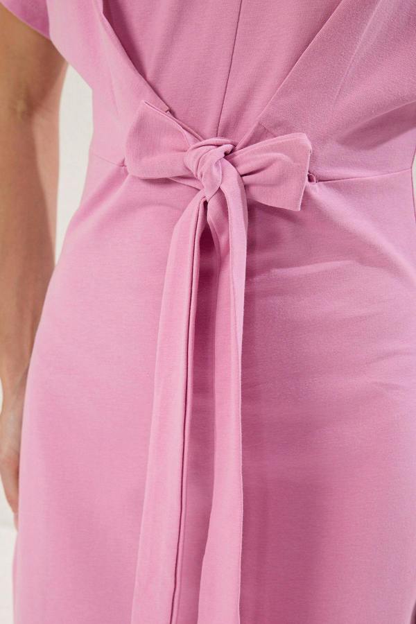 WOVCOR Batwing Sleeve Bodycon Midi Dress with Tie Waist Detail