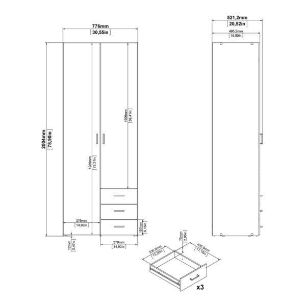Wyld Haus Berlin Oak Effect Wardrobe 2 Doors, 3 Drawers 1 Shelf