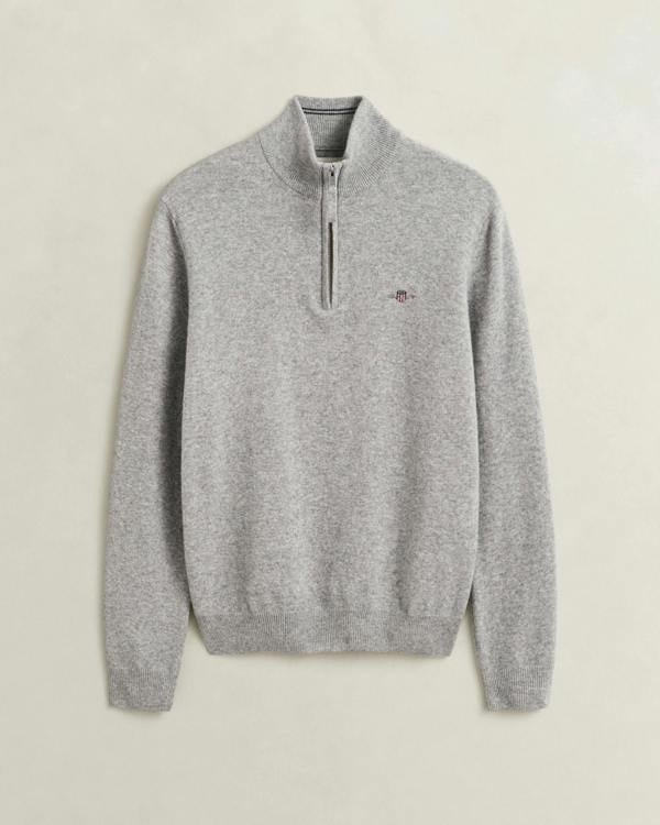 GANT Mens Superfine Lambswool Half Zip Sweater - 93 Grey Melange | CHO | Designer Mens Half Zip Jumpers