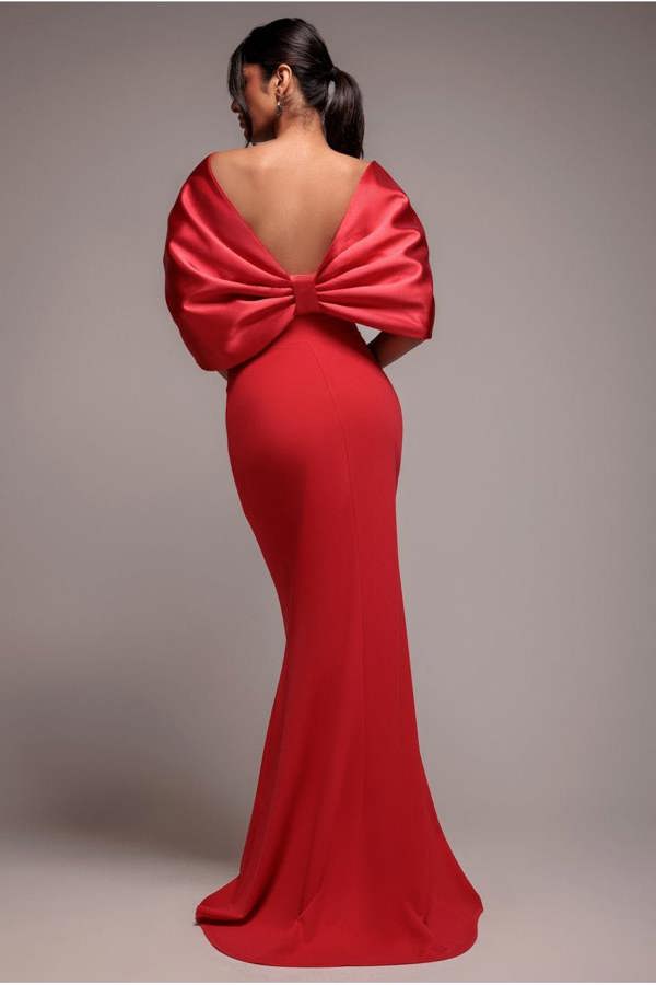 Off Shoulder Back Satin Bow Scuba Maxi Dress - Red DR4708