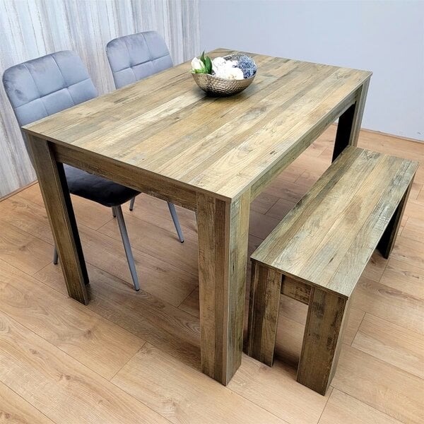 Kosy Koala Dining Table Set for 4 Rustic Effect Dining Table With 2 Grey Velvet Chairs and 1 Matching Bench