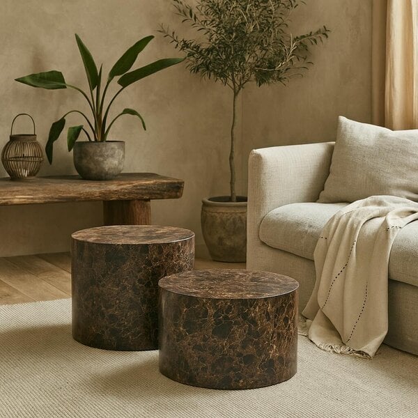 Wyld Haus Set of 2 Lille Brown Marble Effect Round Coffee Table