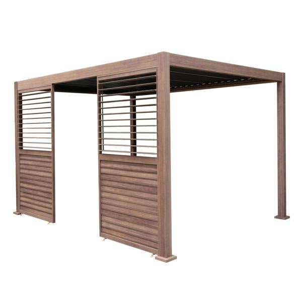 Wood effect aluminum pergola shutter panel in rich brown, featuring horizontal slats and a sleek, modern design for outdoor spaces