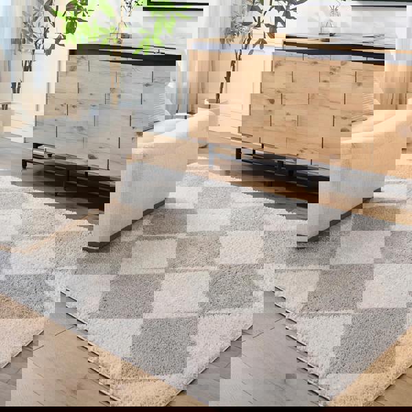 Livabliss Fossay Shag-Washable Beige Grey High Pile Diamond Rug