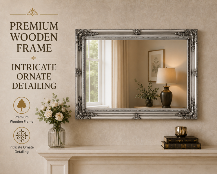 Downton Interiors Large Antique Silver Wood Frame Wall Mirror 90cm x 65cm
