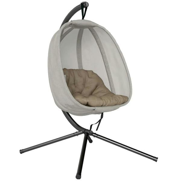 Khaki hanging egg chair with padded beige cushion and curved frame stand