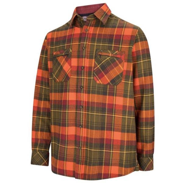 Hoggs of Fife Autumn Luxury Hunting Shirt in orange check, folded with button-down collar and chest pocket for field sports and country wear