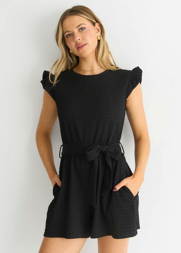 Gini London Black Stretch Texture Frill Elasticated Waist Playsuit