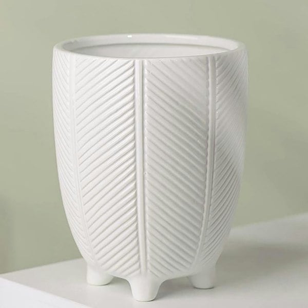 Leaf Tall Ceramic Planter Plant Pot With Feet White Stripe 15 x 15 x 19cm