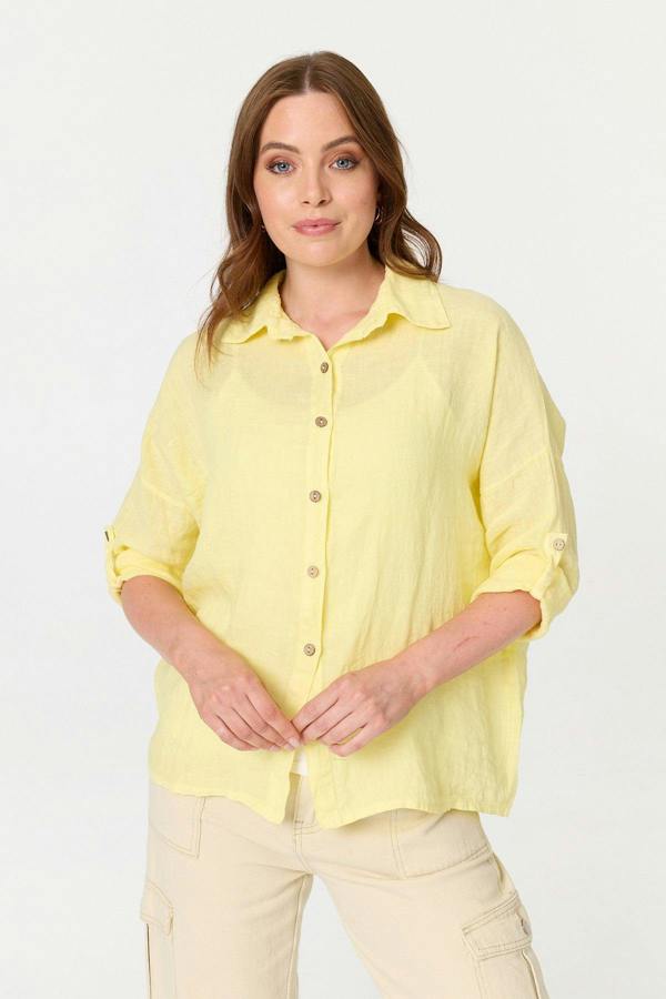 Yellow | Relaxed 3/4 Sleeve Button Front Shirt