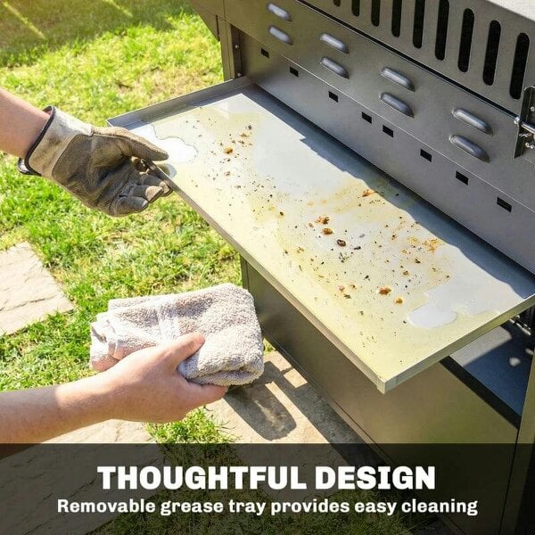 Bobobiy 4+1 Burner Gas BBQ Grill with Storage Cabinet, 15.2 kW Gas Barbecue Trolley with Side Table, 4 Wheels, Warming Rack