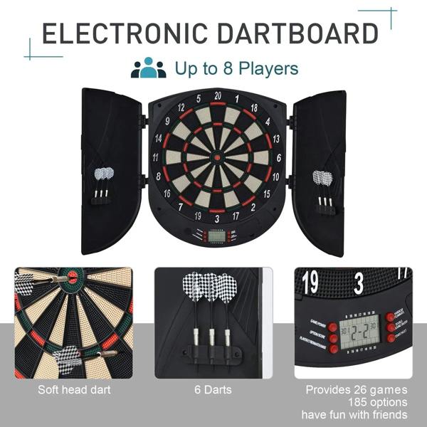 Black electronic dartboard set with folding cabinet and built-in dart storage, front