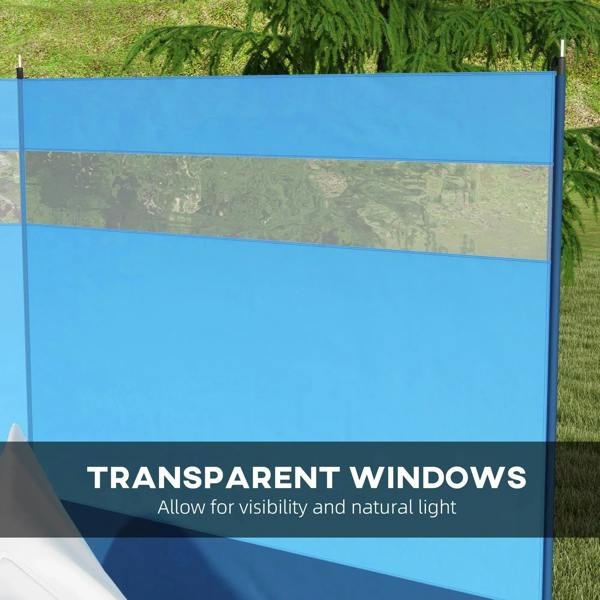 Blue camping windbreak screen with transparent window panel and dark bottom trim
