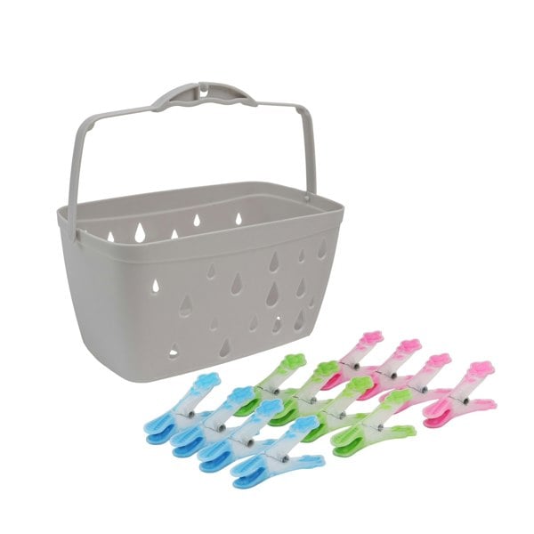 JVL Plastic Peg Basket, Grey with 24 Prism Soft Touch Flower Design Plastic Pegs, Multi