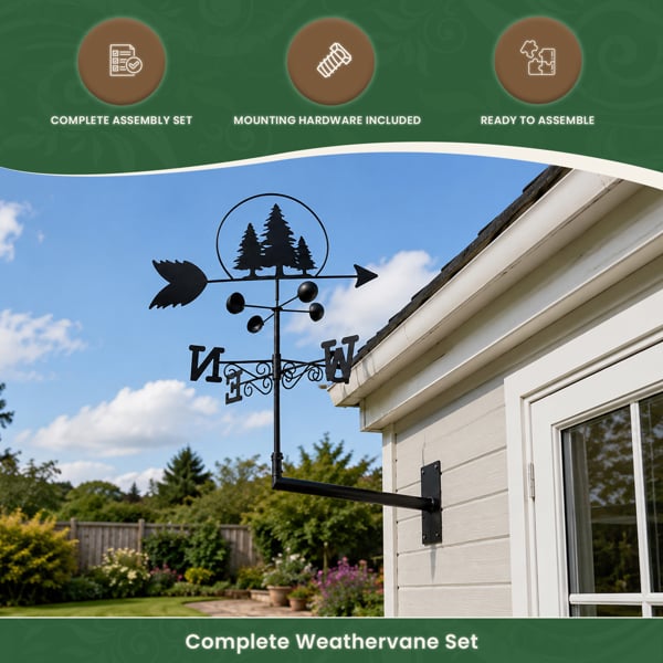 Trees Weathervane with Wind Speed Indicator Cups, All-Steel Black Finish, Wall Mount Fixings and 1.7m Ground Spike Option