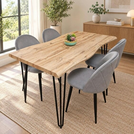 Kosy Koala Rustic Wood-Effect Wavy Dining Table Set with 4 Grey Velvet Chairs, 140X80x75cm