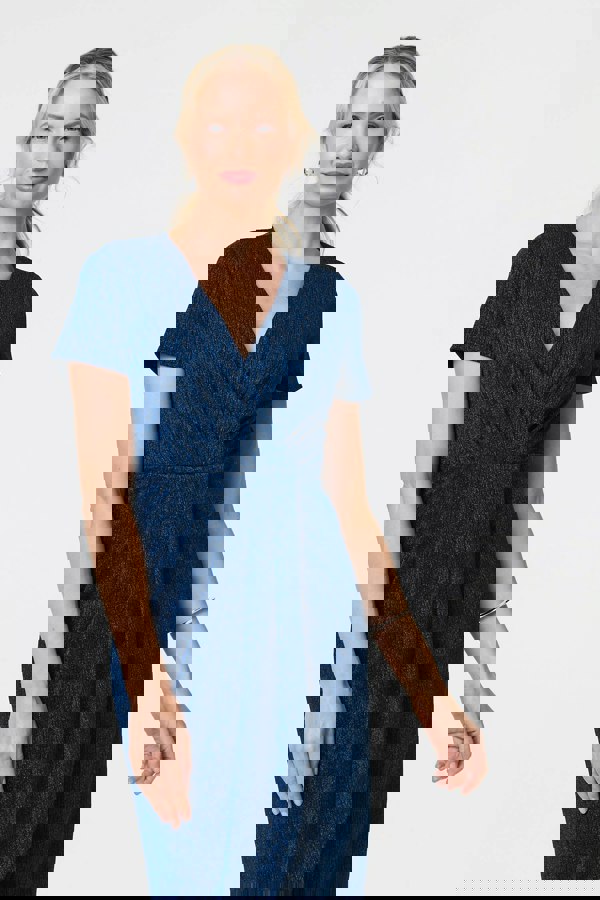 Blue | Sparkly Ruched Short Sleeve Midi Dress
