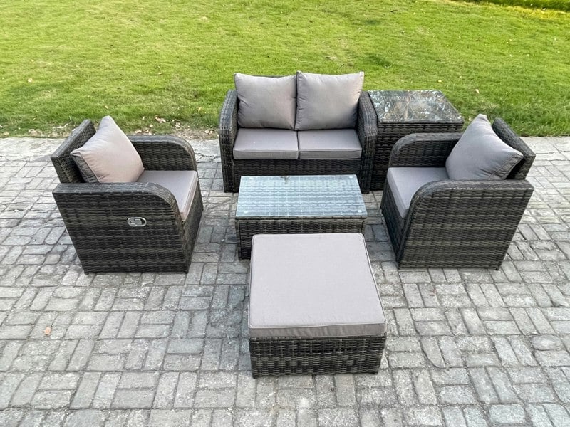 Fimous 6 PC Outdoor PE Rattan Garden Furniture Set Wicker Love Sofa Coffee Table 2 Armchair Big Footstool Side Table Dark Grey Mixed