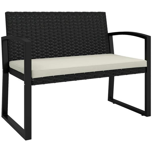 Black rattan two-seater garden bench with beige cushion
