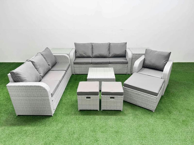 Fimous 10 Seater Garden Sofa Set, Poly Rattan, Square Coffee Table, 2x 3 Seater Sofas, Reclining Chair, 3 Stools and 2 Side Tables, Light Grey