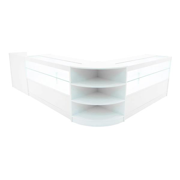 Eclipse LED Shop Counter Set in white, featuring sleek curved design, glass display shelves, and modern finish for retail spaces