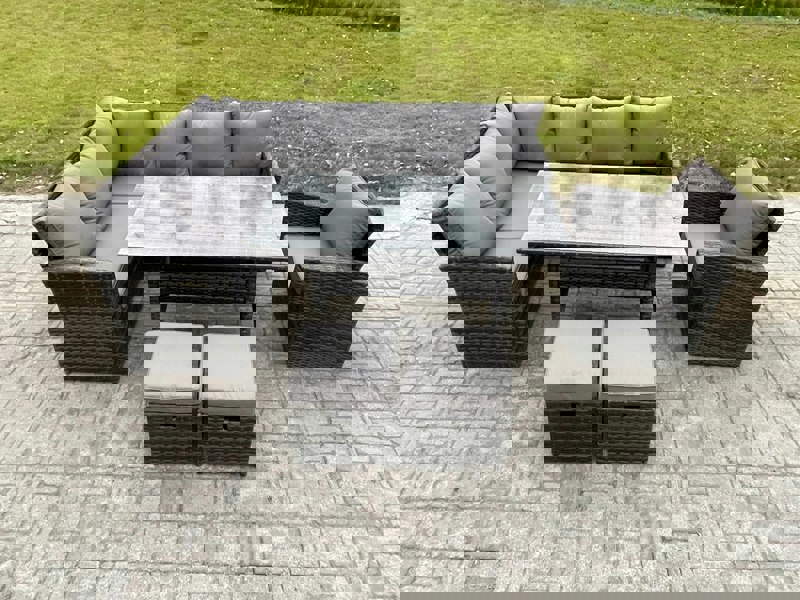 Fimous Dark Grey Mixed Rattan Outdoor Corner Sofa Set - Rectangular Dining Table, 2 Small Footstools & Armchair
