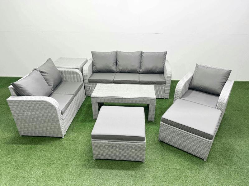 Fimous 8 Seater Patio Rattan Set, Outdoor Furniture, Coffee Table, Reclining Chair, Loveseat, 3 Seater Sofa, 2 Big Footstools & Side Table, Light Grey