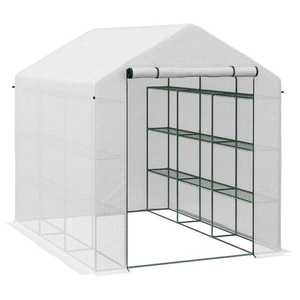 Walk-in greenhouse with shelves, white cover, green metal frame and grid shelving interior.