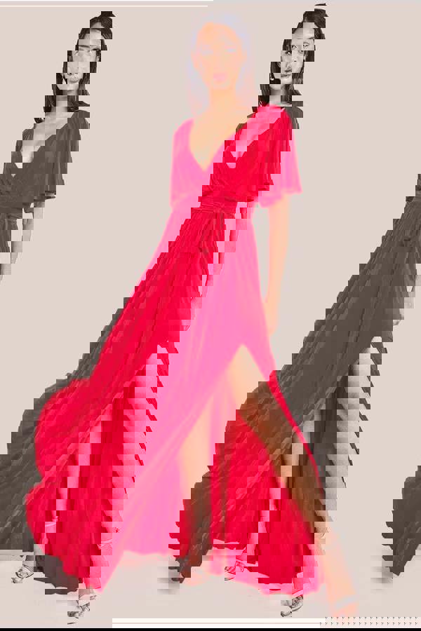 Wrap Front Maxi With Flutter Sleeves - Red DR2565B