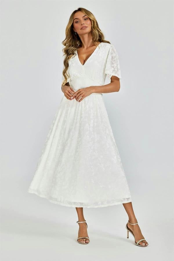 FS Collection Off White Velvet Burnout V-Neck Angel Sleeve Midi Dress