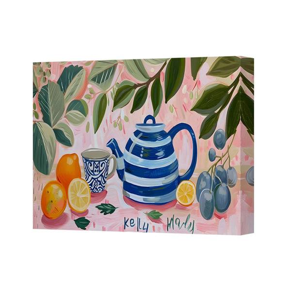Benjamin Tate Design Kelly Wade Still Life Canvas Art Teapot With Blue Stripes And Citrus Grapes