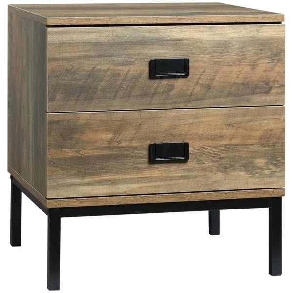Brown retro bedside table with 2 drawers, black handles, and dark metal legs