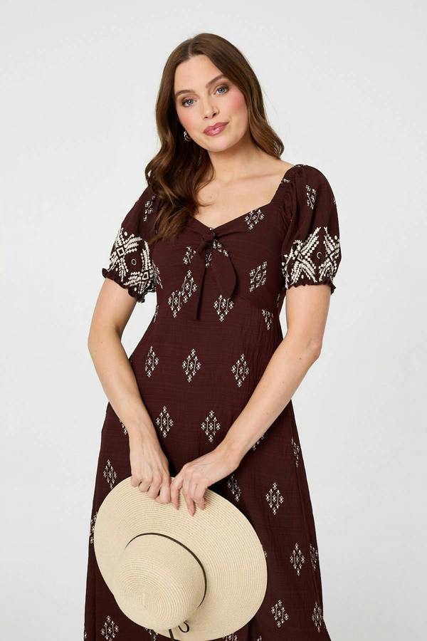 Brown | Border Print Puff Sleeve Midi Dress