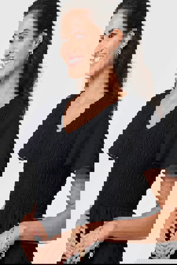 Black | Smocked Flared Sleeve Tiered Midi Dress
