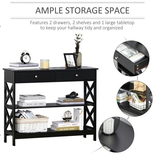 Wyld Haus Kafa 100cm Wooden Black X Frame Console Table With Drawers And 2 Shelves