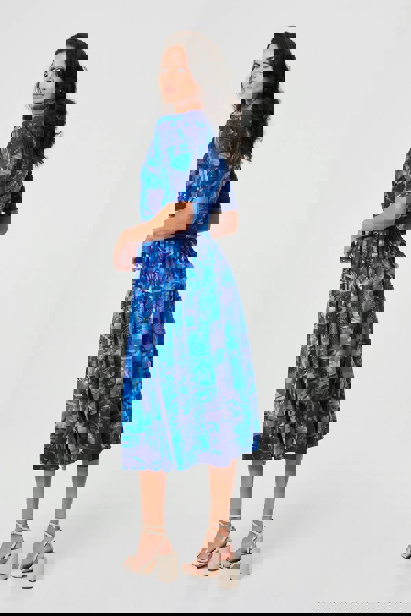 Blue | Printed 1/2 Sleeve Wrap Midi Dress
