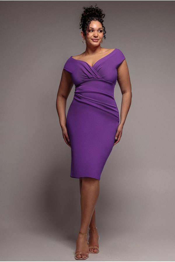 Goddiva Plus Scuba Bardot Pleated Midi Dress - Purple by Goddiva Plus