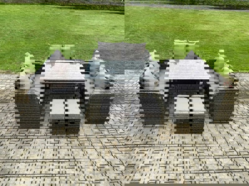 Fimous 8 Seater Outdoor Rattan Garden Furniture Set with Patio Rectangular Dining Table Love Sofa 2 Small Footstools Dark Grey Mixed