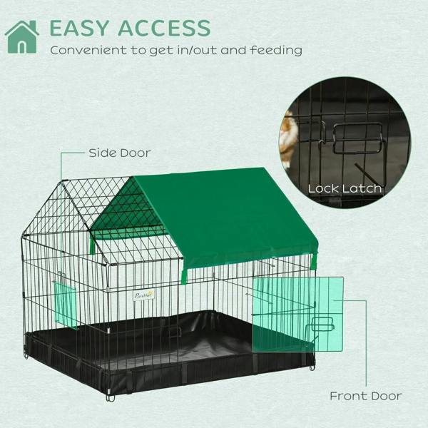 Small animal playpen cage with green roof, front and side doors, black latch on wire front